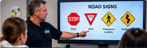 Instructor teaching road signs and traffic rules