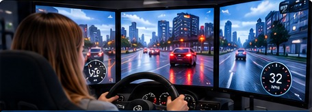 Student practicing on a driving simulator